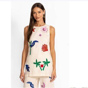 Johnny Was Jade Cassady Linen Tank Tropical Embroidered Size Medium NWT